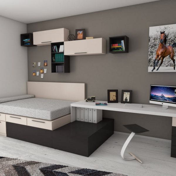 neatly organized room with floating shelves and bed frame with drawers